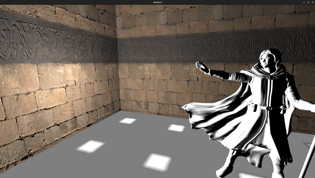 A realtime 3D render of of some kind of colorless figuring in the corner of a room with adorned wall.