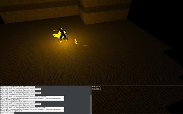 A screenshot of roublard, a 3D rogue like with the player next to a defeated unicorn goblin janitor on a dungeon floor.

The log show details of the dice rolls:
Hit: 15 (1d20) + 1 (strength modifier) + 2 (weapon) = 18 VS AC: 10 (Base) + 7 (Reinforced leather boxer) = 17
Damage: 10 (1d10) + 2 (Lightning) = 12