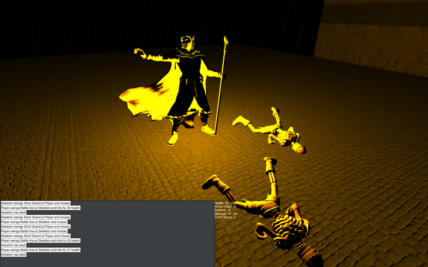 The 3D avatar of the roublard game surrounded by 2 finally dead skeletons in a dark dungeon showing normal maps textured floor and a faraway wall.
