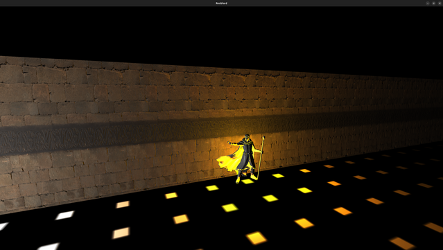 An elf wizard close to a textured wall illuminated from yellow light + white light from the left.