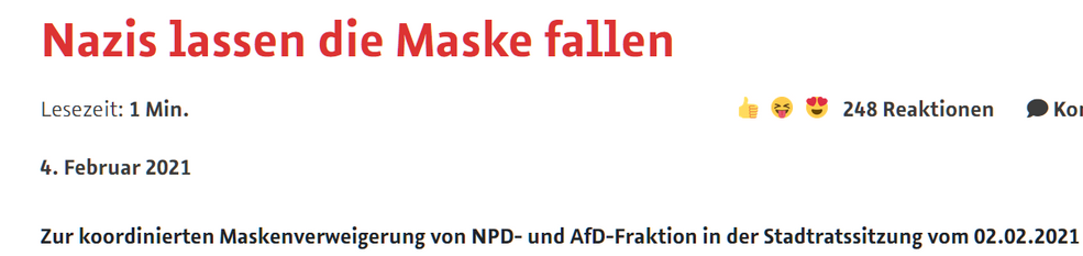 Nazis lassen die Maske fallen

Lesezeit: 1 Min.
4. Februar 2021

Zur koordinierten Maskenverweigerung von NPD- und AfD-Fraktion in der Stadtratssitzung vom 02.02.2021