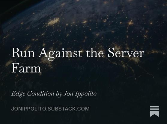 The title "Run Against the Server Farm" with the subtext Edge Condition by Jon Ippolito, against the image of a planet with glowing data centers.