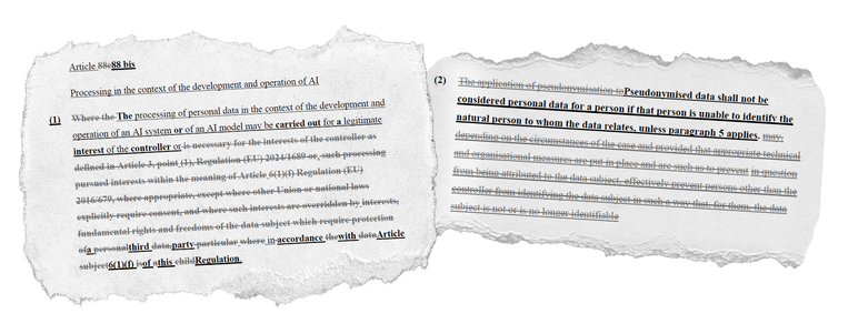 The image attached to this post shows part of the leaked text. It reads: "Article 88 bis: Processing in the context of the development and operation of AI: (1) The processing of personal data in the context of the development and operation of an AI system or of an AI model may be carried out for a legitimate interest of the controller or a third party in accordance with Article6(1)(f) of this Regulation. (2) Pseudonymised data shall not be considered personal data for a person if that person is unable to identify the natural person to whom the data relates, unless paragraph 5 applies."