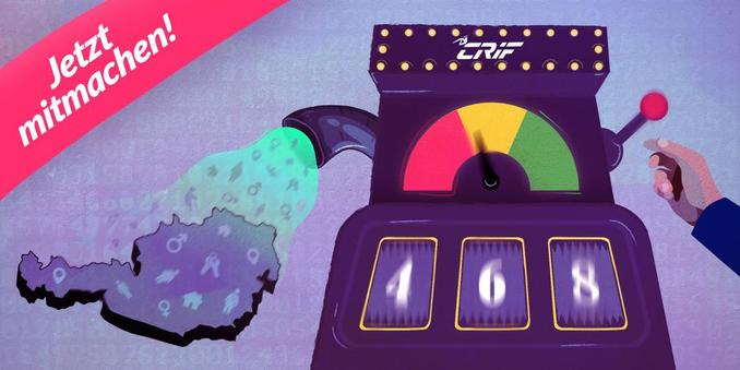 Die Grafik zeigt einen Gewinnspielautomaten, der die Daten aus ganz Österreich absaugt, um daraus einen Score zu erstellen. Darüber ist "Jetzt mitmachen!" zu lesen.