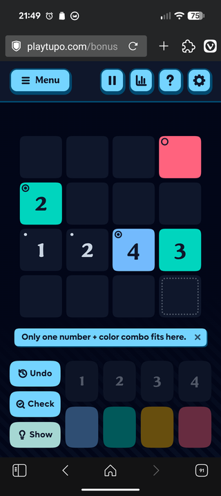 Screenshot of the game:

Top row has a red square in 4th column.
Second row has a green 2 in column 1, rest empty.
Third row shows numbers 1, 2, blue 4, green 3 across the row.

Hint says of bottom right square (4th row, 4th column), "only one number + colour combo fits here"
