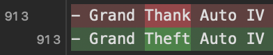 A git diff showing "Grand Thank Auto" being changed to "Grand Theft Auto".