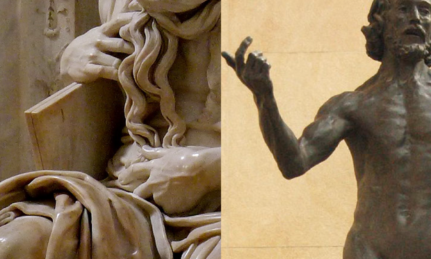 Detail of Michelangelo's marble Moses holding a book juxtaposed with a detail of Rodin's bronze Saint John speaking