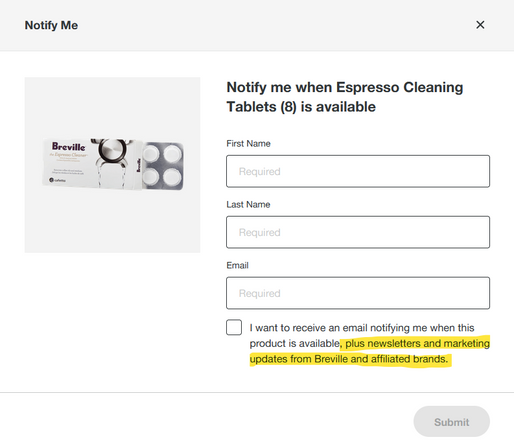 Dialog to “Notify me when Espresso Cleaning Tablets (8) is available” with fields for my name and email and a checkbox, “I want to receive an email notifying me when this product is available, plus newsletters and marketing updates from Breville and affiliated brands.”