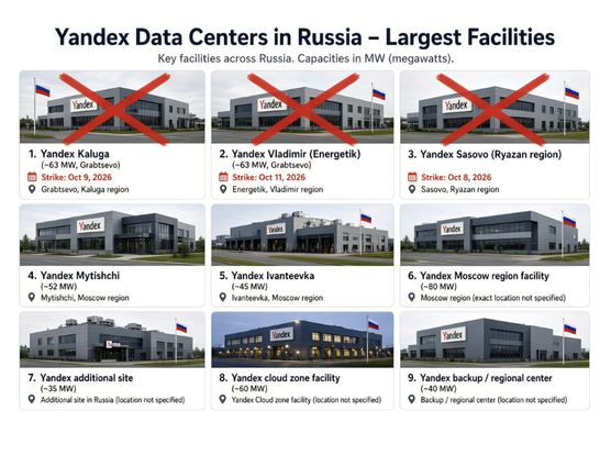 Graphic showing all nine Yandex data centres in Russia. The first three now have red crosses through them.