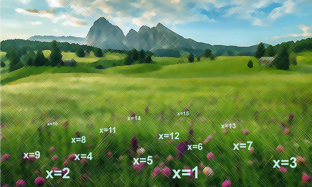 Stylized image of a meadow with math equations for flowers and a mountainous ridge in the background; inspiration from the beautiful Dolomites photos of Jaka Ivančič