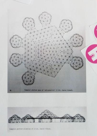 Plan and elevation drawings of a proposed building that has a triangulated main dome with eight smaller domes connected to it. The captions read: Computer plotted plan of 'all-plastics' F.E. Junior School.