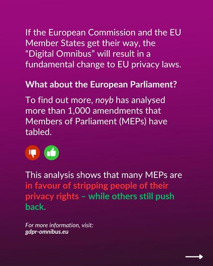 If the European Commission and the EU Member States get their way, the 
“Digital Omnibus” will result in a fundamental change to EU privacy laws.

What about the European Parliament? 

To find out more, noyb has analysed more than 1,000 amendments that Members of Parliament (MEPs) have tabled. This analysis shows that many MEPs are in favour of stripping people of their privacy rights – while others still push back.