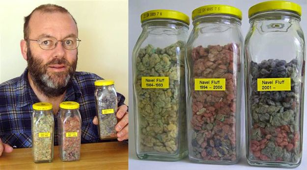 Photo of Graham Barker, famous Australian navel fluff collector, presenting three jars of his collected lint. Another close-up photo of the jars with labels reading "Navel Fluff 1984-1993", "Navel Fluff 1994-2000" and "Navel Fluff 2001- "