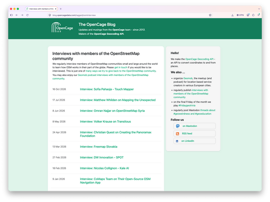 Screenshot of the OpenCage OpenStreetMap interview series page on the OpenCage blog