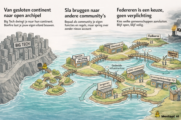 Een tekening van de verschillende stappen van de Bonfire Archipellago, verbeeld als kleine eilanden die verbonden zijn