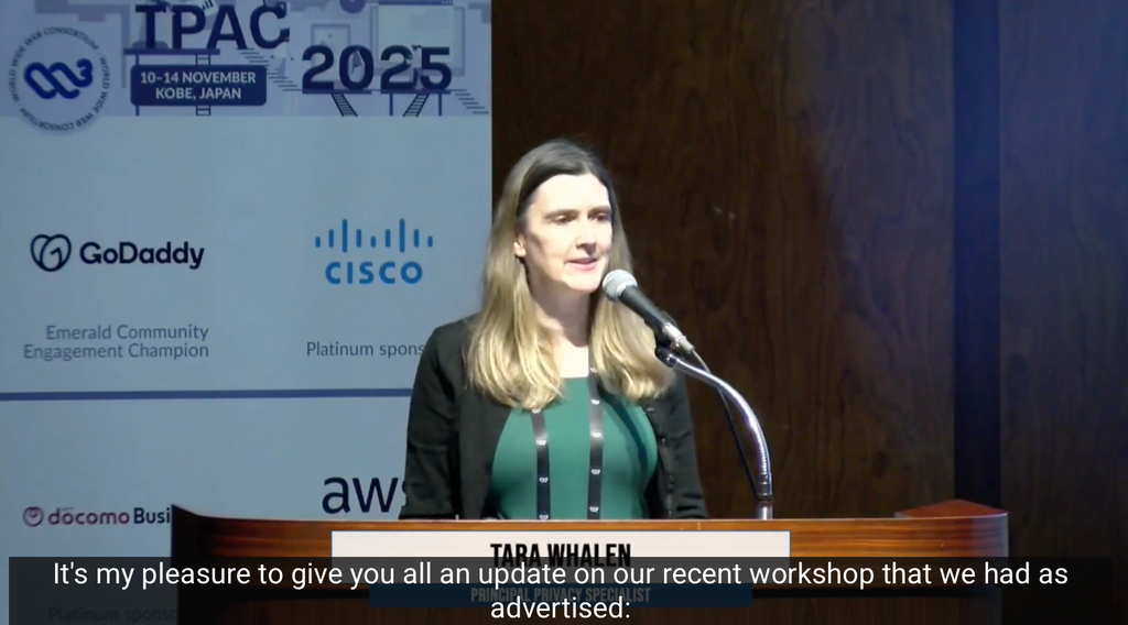 Tara Whalen presenting on an age-based restrictions workshop. caption: "It's my pleasure to give you all an update on our recent workshop that we had as advertised"