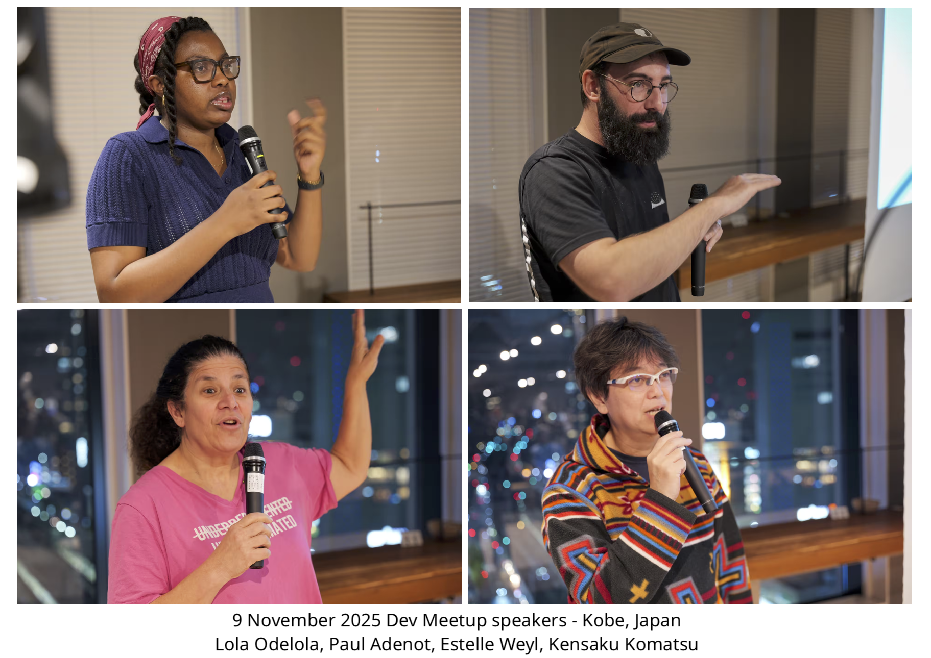 4 photos in a grid of people giving talks: Lola Odelola, Paul Adenot, Estelle Weyl and Kensaku Komatsu at the November DevMeetup