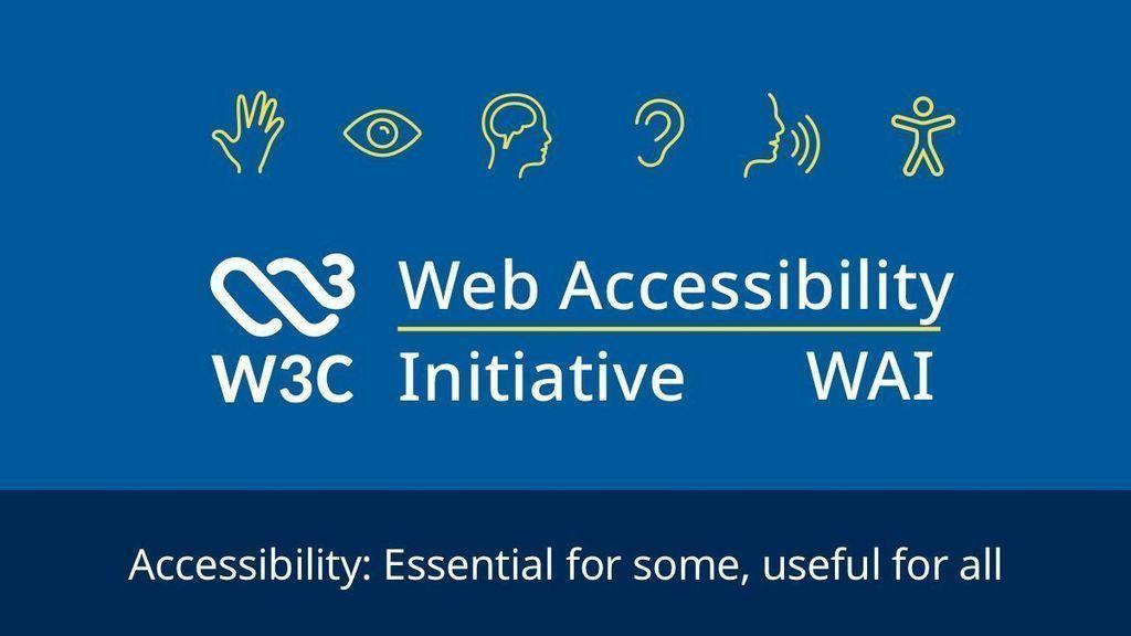 icons in yellow at the top: hand, eye, brain, ear, sound, accessibility
W3C icon and the text "Web Accessibility Initiative WAI"
at bottom text: "Accessibility: Essential for some, useful for all"
