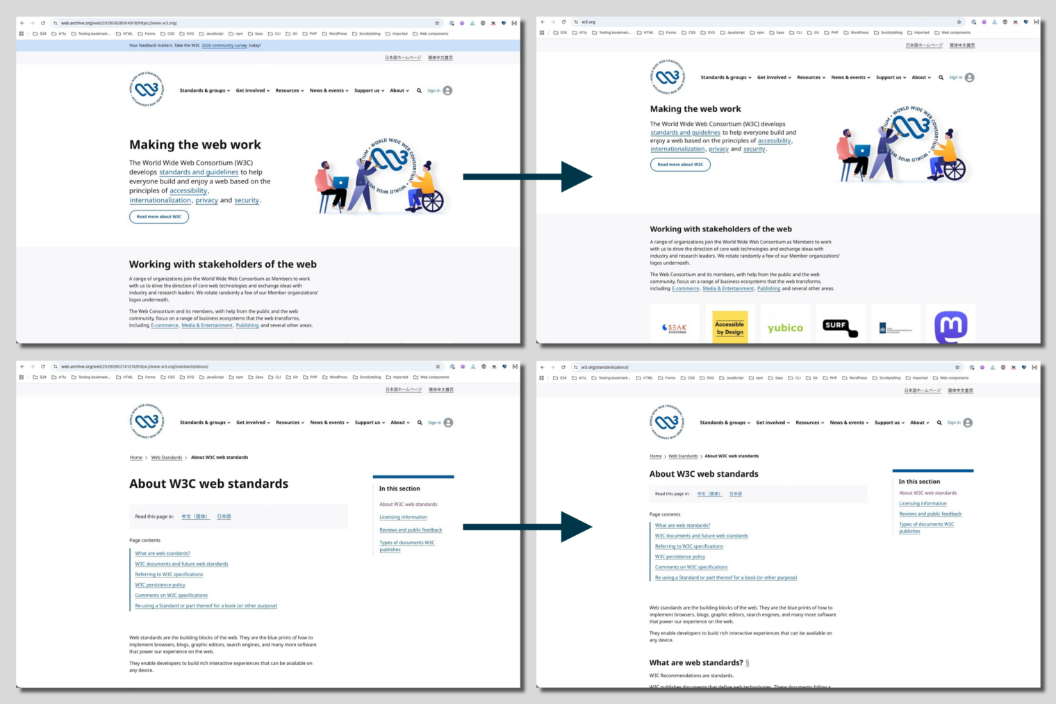 collage of two side-by-sides of a before and after of the design system changes on the W3C homepage and the page about web standards